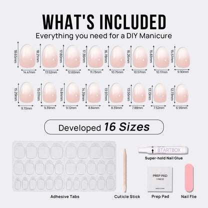 BTArtbox Almond Press On Nails - Extra Short Nude White Ombre Soft Gel, 16 Sizes, 32 Nails Kit
