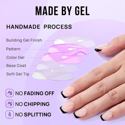BTArtbox French Tip Press On Nails – Jelly Square Semi-Transparent Nails with Glue, 30 PCS, Classic Black