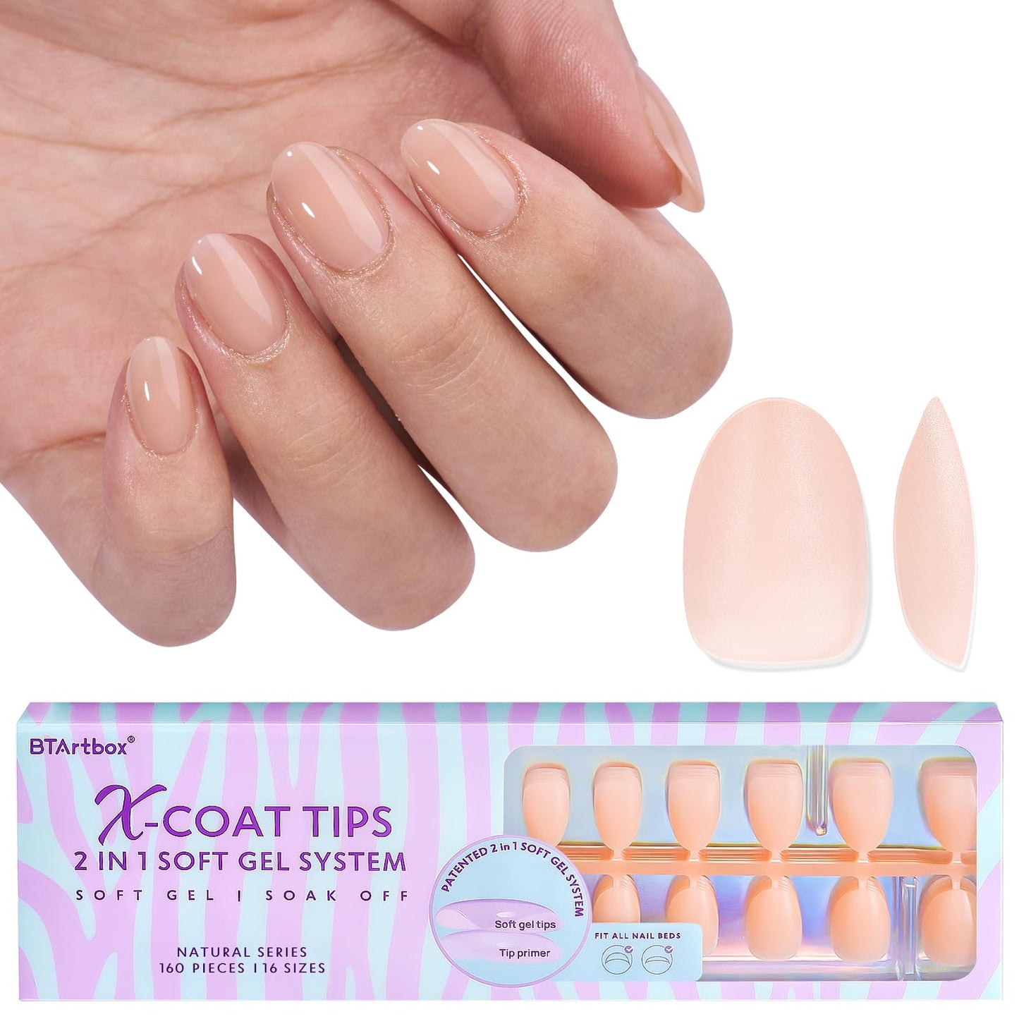 BTArtbox 160pcs Almond Nail Tips – Extra Short, 16 Sizes, Full Well Tips (Glue Not Included)