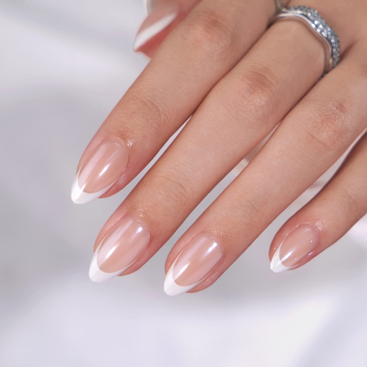 BTArtbox French Tip Press On Nails: White Almond Medium Gel Nails Kit (15 Sizes)