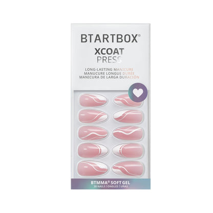 BTArtbox Press On Nails Medium – Soft Gel French Tip, Almond Shape, White Swirl, 15 Sizes + Glue & Tools