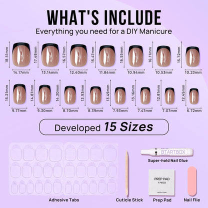 BTArtbox Braveheart Black Chrome French Tip Press-On Nails – Short Square, Glazed Finish, 30 Nails Kit