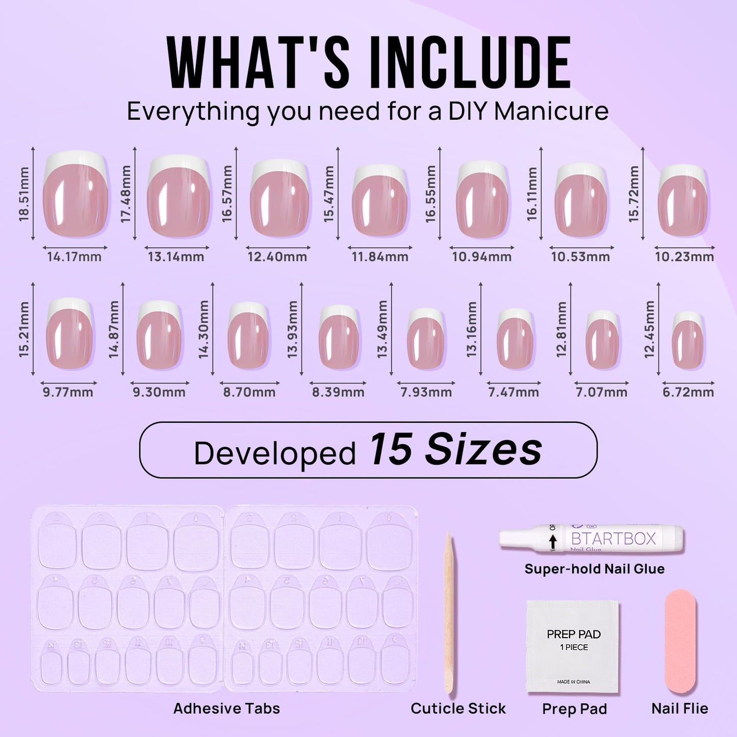 BTArtbox Press On Nails Short – White French Tip, Chrome Glazed, 15 Sizes, 30 Soft Gel Kit, Be Elegant