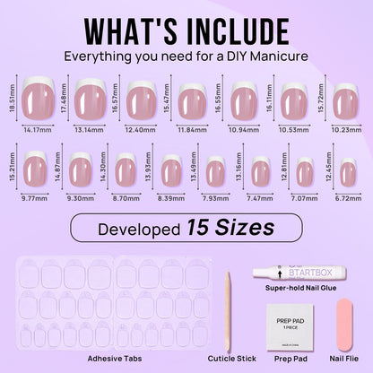 BTArtbox Press On Nails Short – White French Tip, Chrome Glazed, 15 Sizes, 30 Soft Gel Kit, Be Elegant