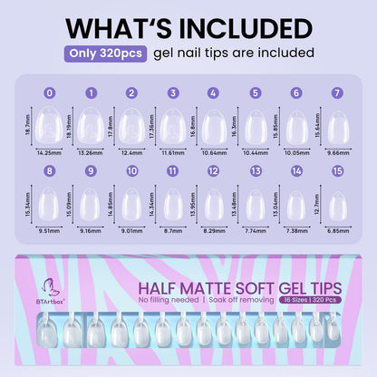 BTArtbox Extra Short Almond Nail Tips – 320pcs, 16 Sizes, Soft Gel, Half Matte, Clear