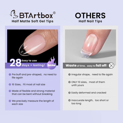 BTArtbox Short Almond Nail Tips - 320Pcs, 16 Sizes, Clear Half-Matte Soft Gel for Natural Full Cover Extensions