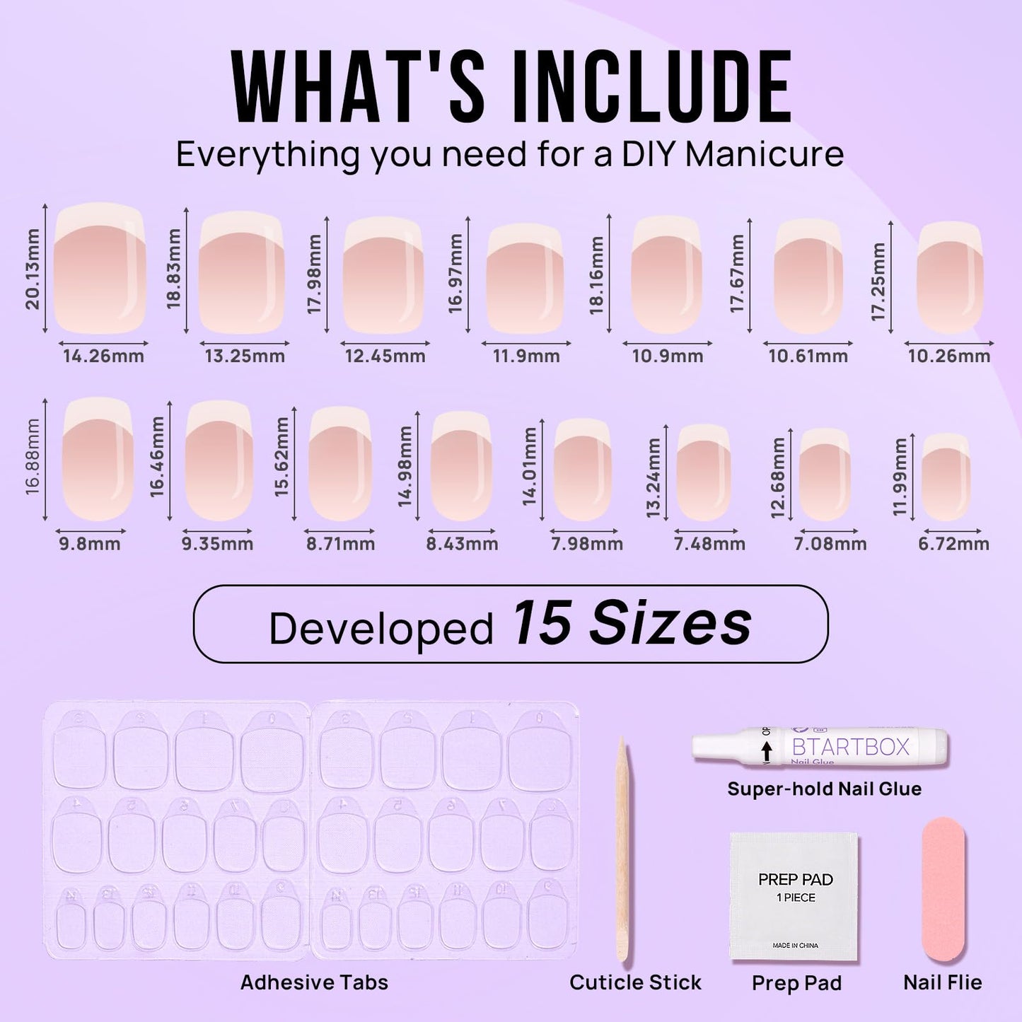 BTArtbox French Tip Press On Nails – Short, Seamless Fit Glue-On Nails (15 Sizes)