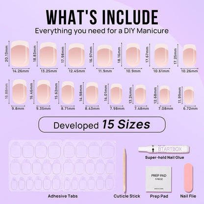 BTArtbox French Tip Press On Nails – Short, Seamless Fit Glue-On Nails (15 Sizes)