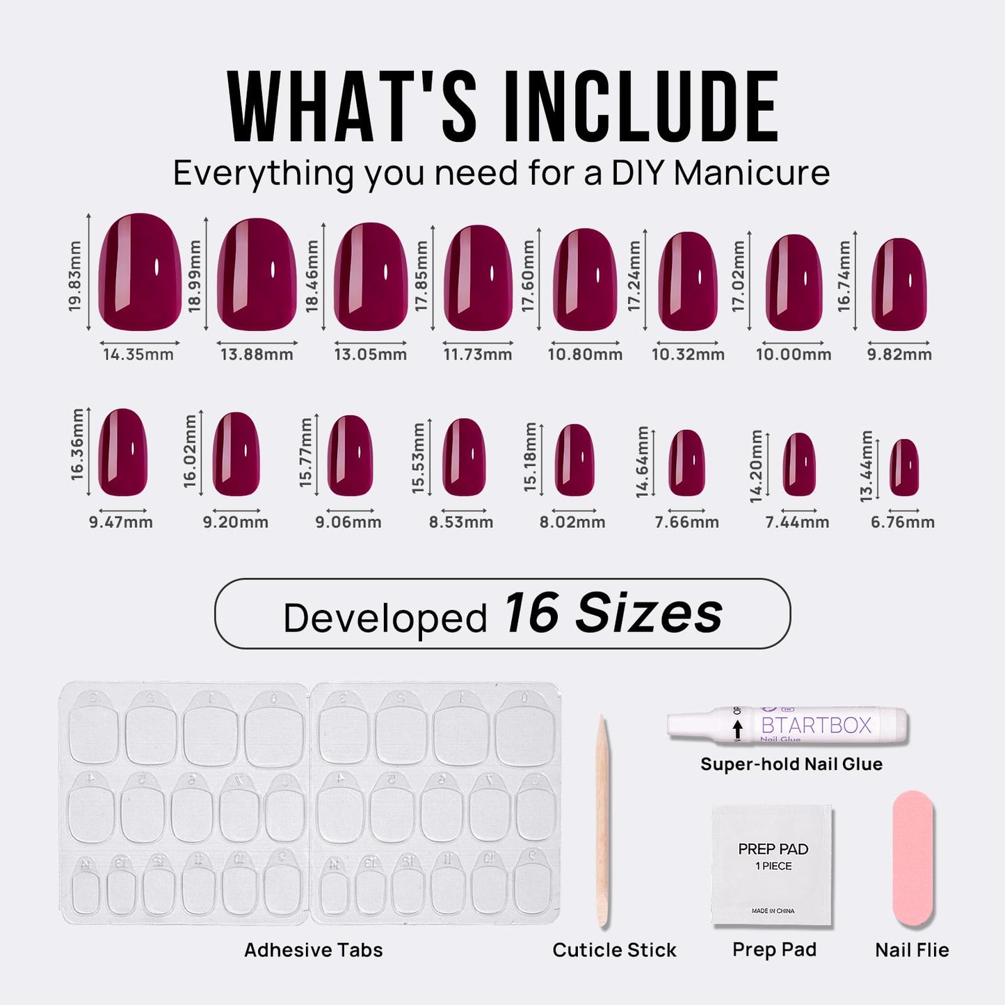BTArtbox Short Valentines Press On Nails – Red Oval Set, Glue Included, 16 Sizes, 30 Nails