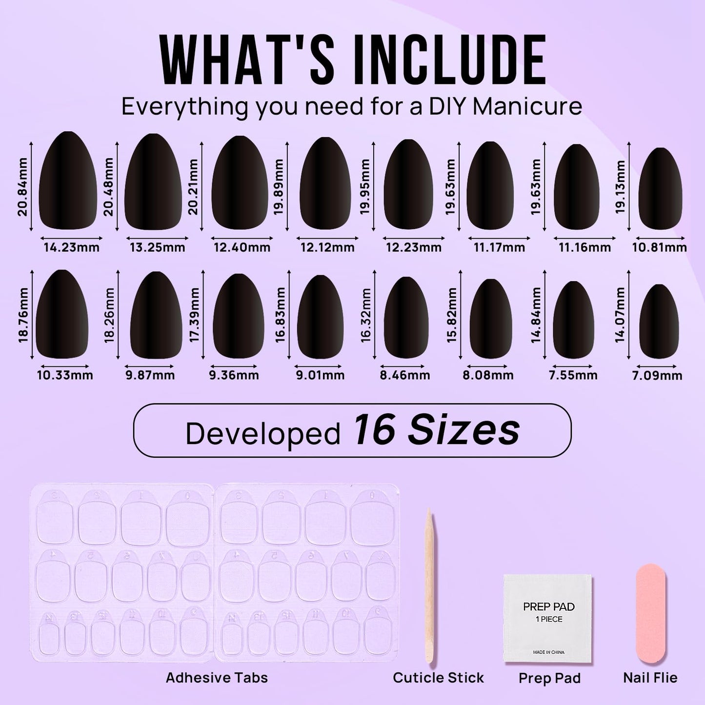 BTArtbox Black Velvet Almond Press On Nails | Soft Gel Kit, 16 Sizes, Quick Salon-Style Nails