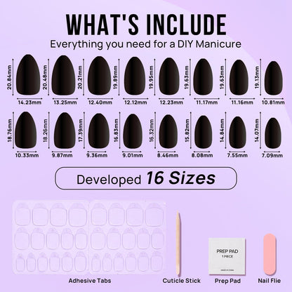 BTArtbox Black Velvet Almond Press On Nails | Soft Gel Kit, 16 Sizes, Quick Salon-Style Nails