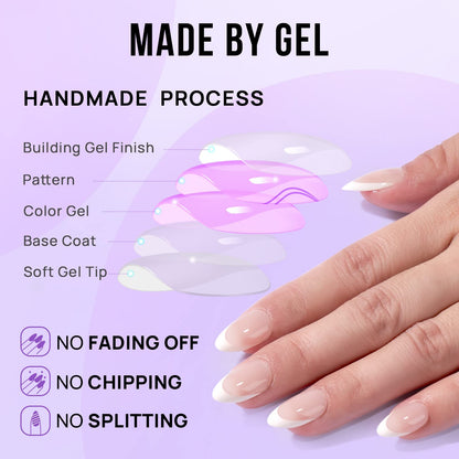 BTArtbox Short Almond French Tip Press On Nails – 32 Nails Kit with Glue, 16 Sizes