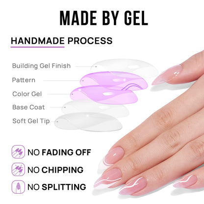 BTArtbox Press On Nails Medium – Soft Gel French Tip, Almond Shape, White Swirl, 15 Sizes + Glue & Tools