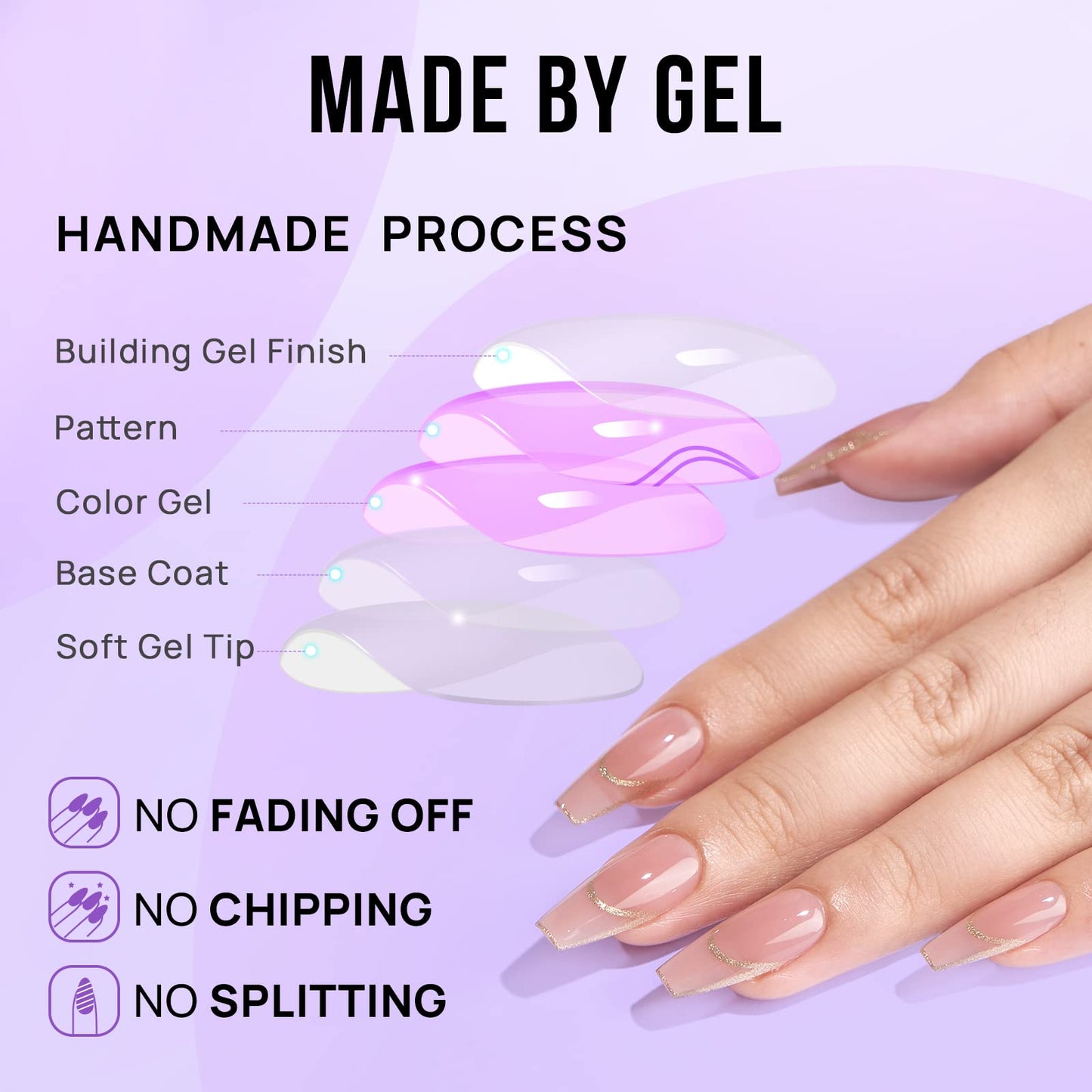 BTArtbox Press On Nails Long - Rose Gold Outline French Tip, Coffin Shape, Reusable Soft Gel, 15 Sizes