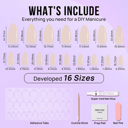BTArtbox Press On Nails Medium Almond – Chrome Finish, Glazed Donut, 16-Size Nude Glue-On Nails