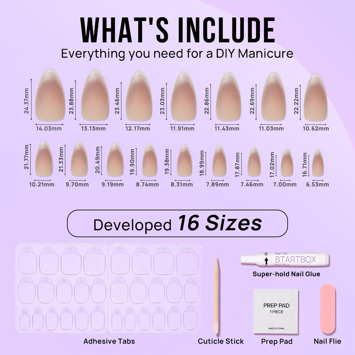 BTArtbox Press On Nails Almond – Cat Eye French Tip Kit, 30 Nails, 15 Sizes