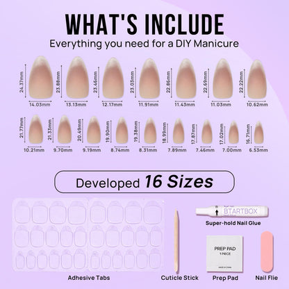 BTArtbox Press On Nails Almond – Cat Eye French Tip Kit, 30 Nails, 15 Sizes