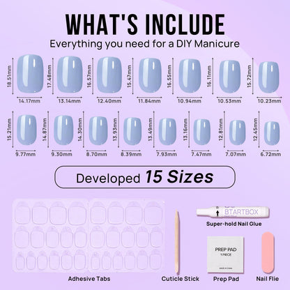 BTArtbox Ocean Glazed Short Square Press-On Nails – Blue Gloss, 15 Sizes, Glue Included