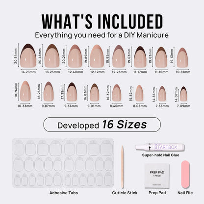 BTArtbox French Tip Press On Nails – Short Almond, Supremely Fit & Natural, 32-Piece Gel Nail Kit with Glue