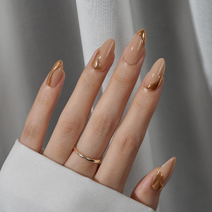 BTArtbox Almond Press On Nails – Medium Gel Nails with 3D Metallic Design, 15 Sizes