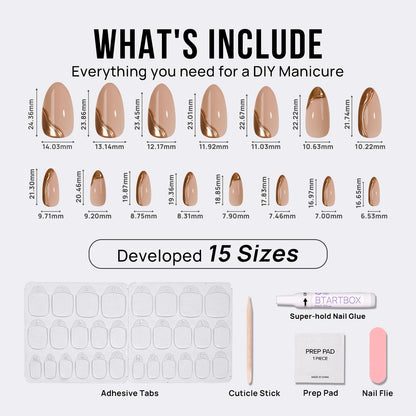 BTArtbox Almond Press On Nails – Medium Gel Nails with 3D Metallic Design, 15 Sizes