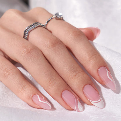 BTArtbox Press On Nails Medium – Soft Gel French Tip, Almond Shape, White Swirl, 15 Sizes + Glue & Tools