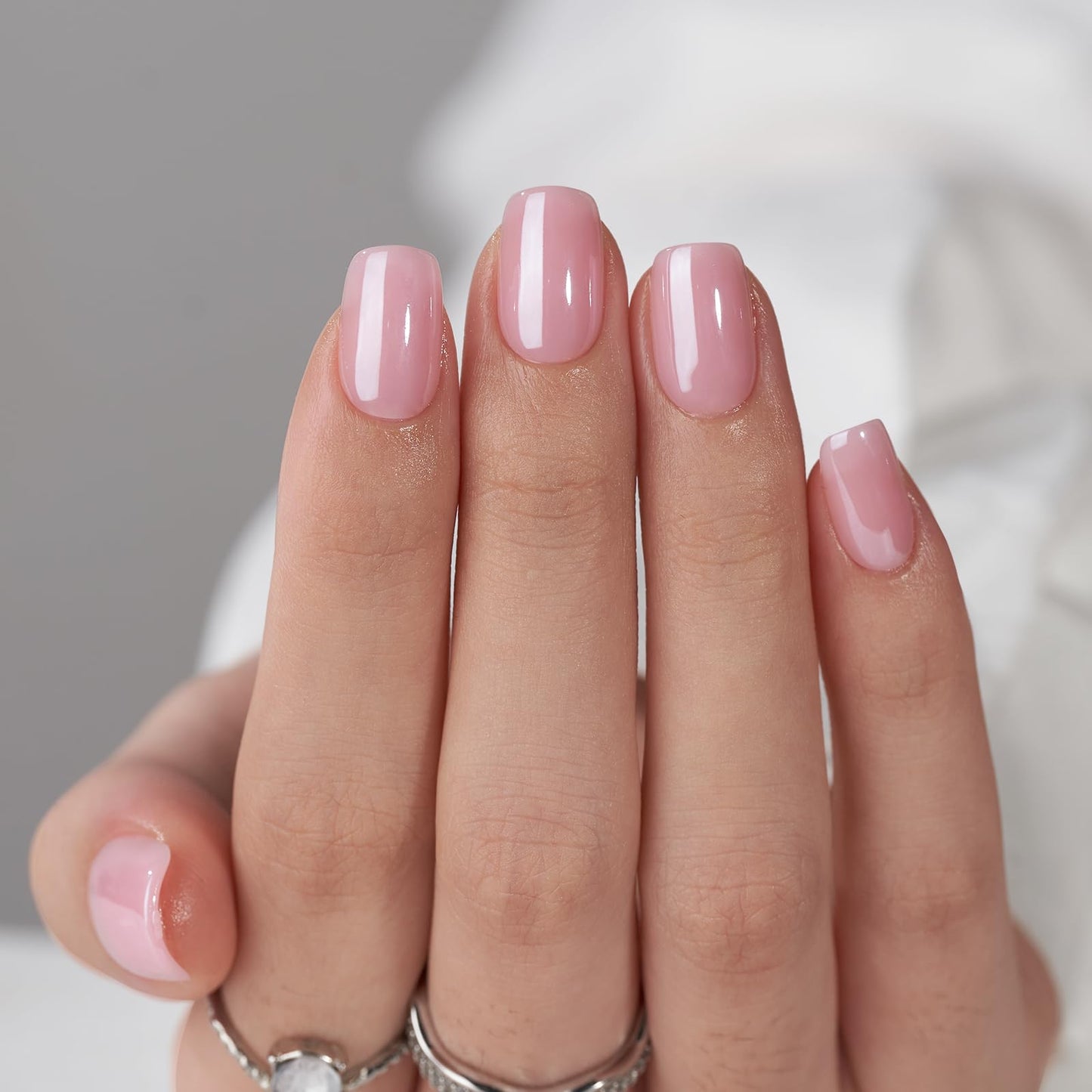 BTArtbox Press On Nails Short Square Pink Chrome Lotus Glazed – 30 Soft Gel Nails, 15 Sizes