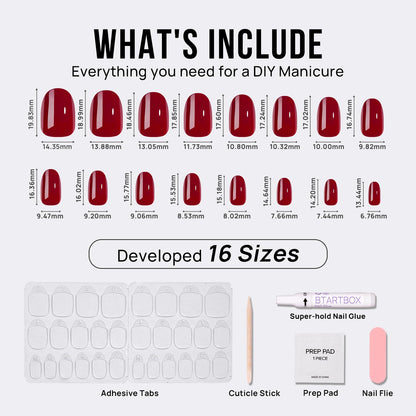 BTArtbox Press On Nails Short Oval Cardinal Red – 16 Sizes, Gel Finish
