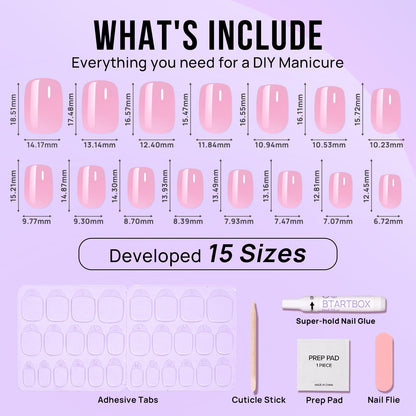 BTArtbox Press On Nails Short Square Pink Chrome Lotus Glazed – 30 Soft Gel Nails, 15 Sizes