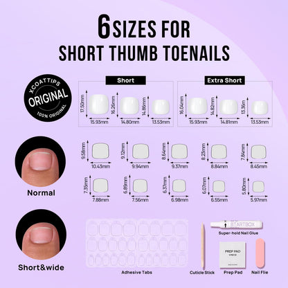 BTArtbox Press On Toenails – White Short Square, Lightweight Glue-On Nails (32 Nails, 16 Sizes)