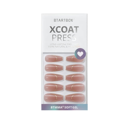 BTArtbox Press On Nails Long - Rose Gold Outline French Tip, Coffin Shape, Reusable Soft Gel, 15 Sizes