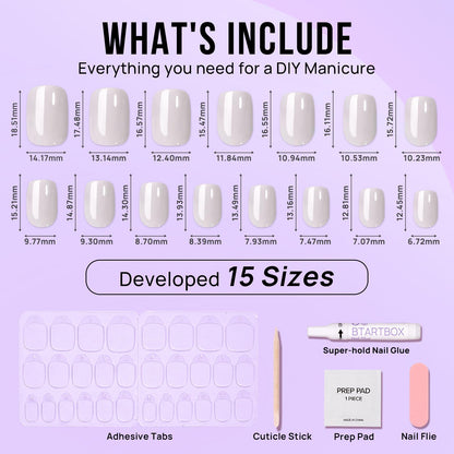 BTArtbox Short Press On Nails – Vanilla Glazed, White Soft Gel, 15 Sizes, 30 Nails