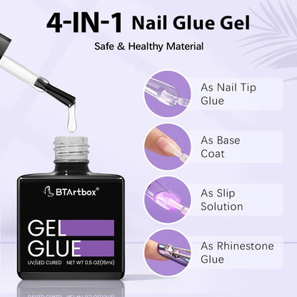 BTArtbox Nail Glue & Primer Set – 2x0.5 fl oz, 4-in-1 UV Gel for Durable Nail Extensions
