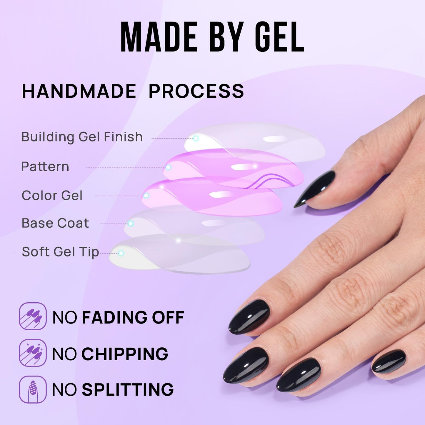 BTArtbox Black Velvet Almond Press On Nails | Soft Gel Kit, 16 Sizes, Quick Salon-Style Nails