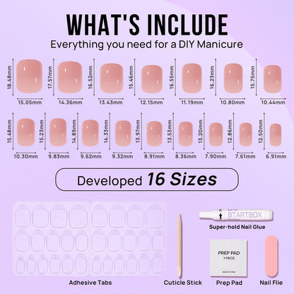 BTArtbox Press On Nails Short – Nude Square Gel Nails Kit (32 Nails, 16 Sizes)