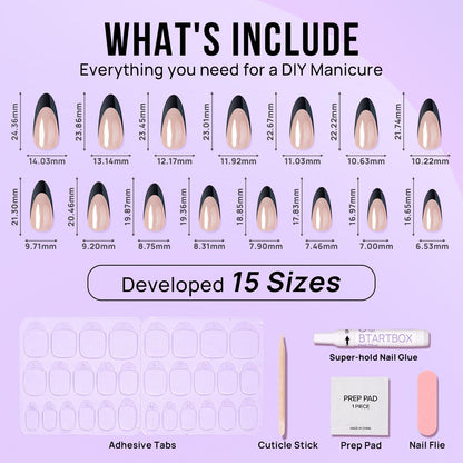 BTArtbox Black Swan French Tip Press-On Nails – Short Almond Kit (30 Nails, 15 Sizes)