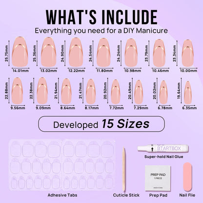 BTArtbox Press On Nails Long - Rose Gold Outline French Tip, Coffin Shape, Reusable Soft Gel, 15 Sizes