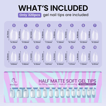 BTArtbox Short Almond Nail Tips - 320Pcs, 16 Sizes, Clear Half-Matte Soft Gel for Natural Full Cover Extensions