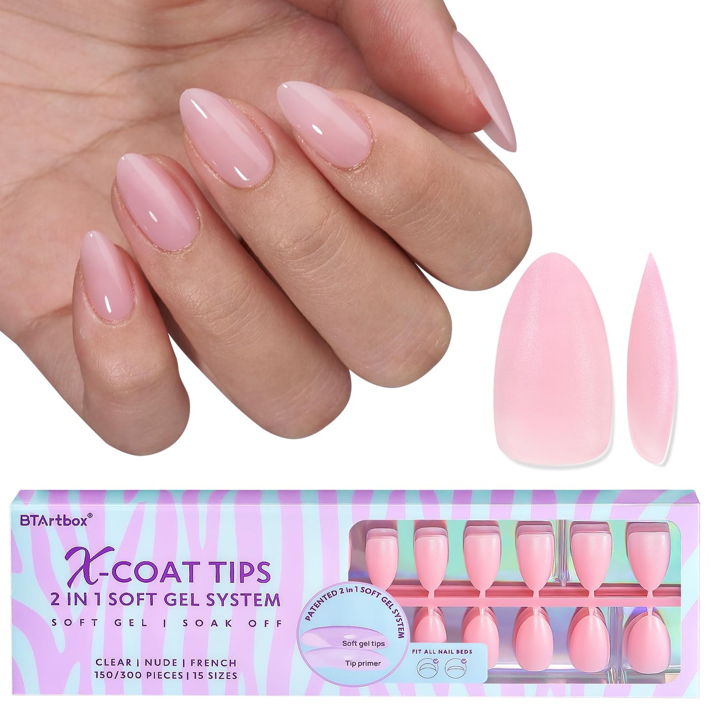 BTArtbox XCOATTIPS Matte Short Almond Nail Tips – Long Lasting Soft Gel, Soak Off