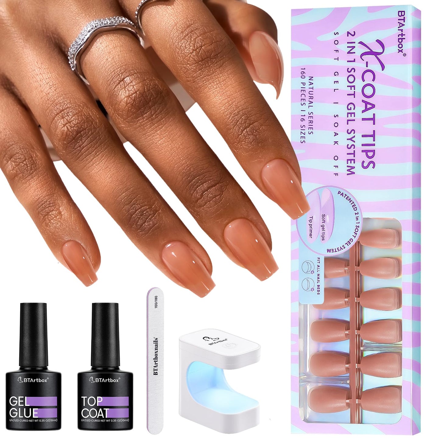 BTArtbox XCOATTIPS Gel Nail Kit – Short Coffin Tips with Glue, Top Coat & Portable Lamp