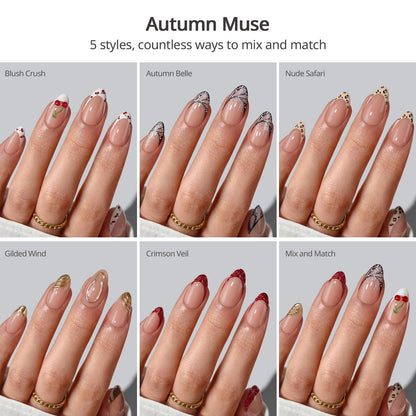 BTArtboxnails X LONGHAIRPRETTYNAILS Autumn Muse Press On Nails – 5 Designs Mix & Match, Short Almond French Tip, 160 Pcs
