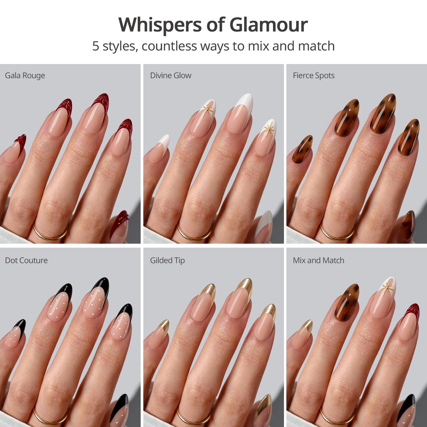BTArtboxnails x LONGHAIRPRETTYNAILS Press On Nails Whispers of Glamour – 5 Designs Mix & Match, Medium Almond French Tip, 160 Pcs