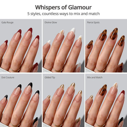 BTArtboxnails x LONGHAIRPRETTYNAILS Press On Nails Whispers of Glamour – 5 Designs Mix & Match, Medium Almond French Tip, 160 Pcs