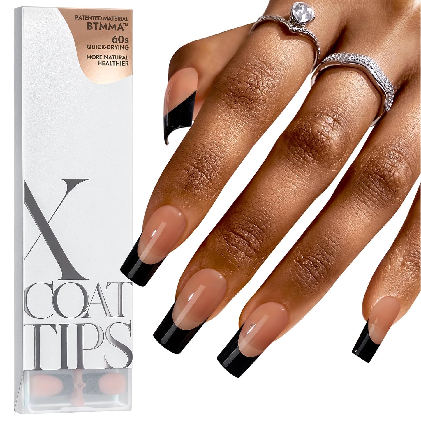 BTArtboxnails XCOATTIPS French Tip Nails – Long Press On Nails, Black Square Tips