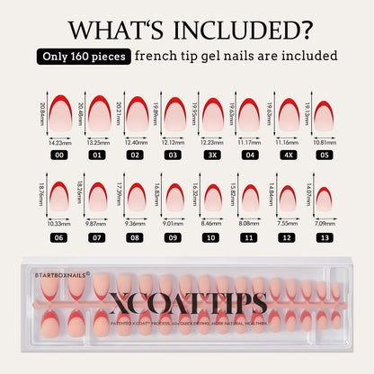 BTArtboxnails XCOATTIPS Red French Tip Press-On Nails – Almond Short Valentines, 160Pcs