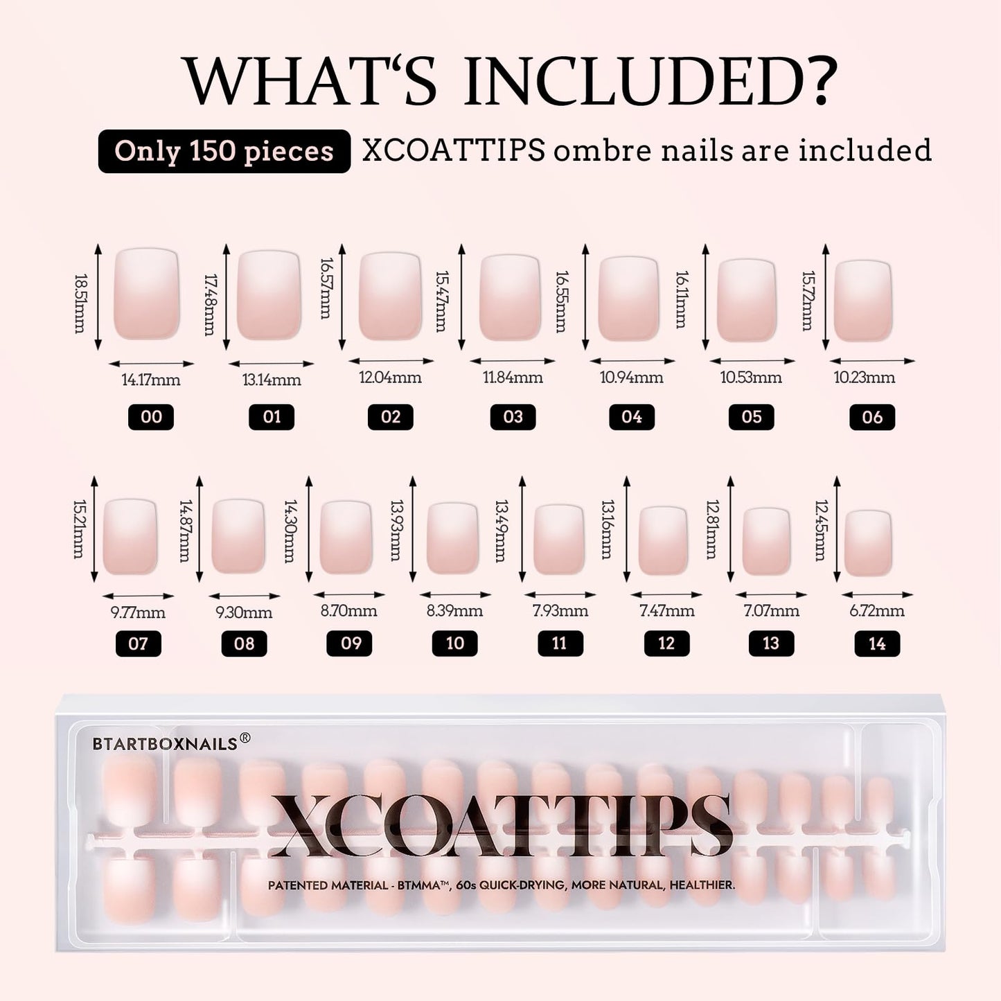 BTArtboxnails XCOATTIPS Ombre Nails – Extra Short Square Press-On Nails, 150Pcs Nude Peach