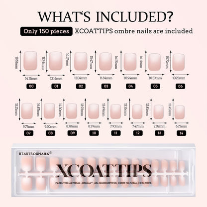 BTArtboxnails XCOATTIPS Ombre Nails – Extra Short Square Press-On Nails, 150Pcs Nude Peach