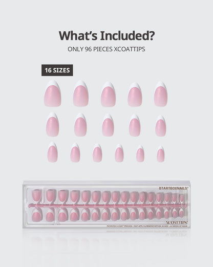 BTArtboxNails XCOATTIPS French Tip Press On Nails – Pink Glitter Base, Short Almond, 96 Pcs, Soak-Off Soft Gel Tips, 16 Sizes