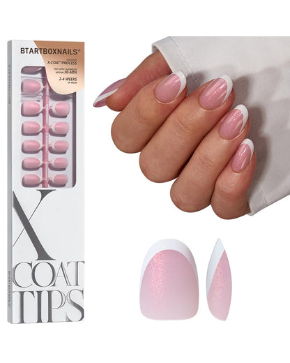 BTArtboxNails XCOATTIPS French Tip Press On Nails – Pink Glitter Base, Short Oval, 96 Pcs, 16 Sizes