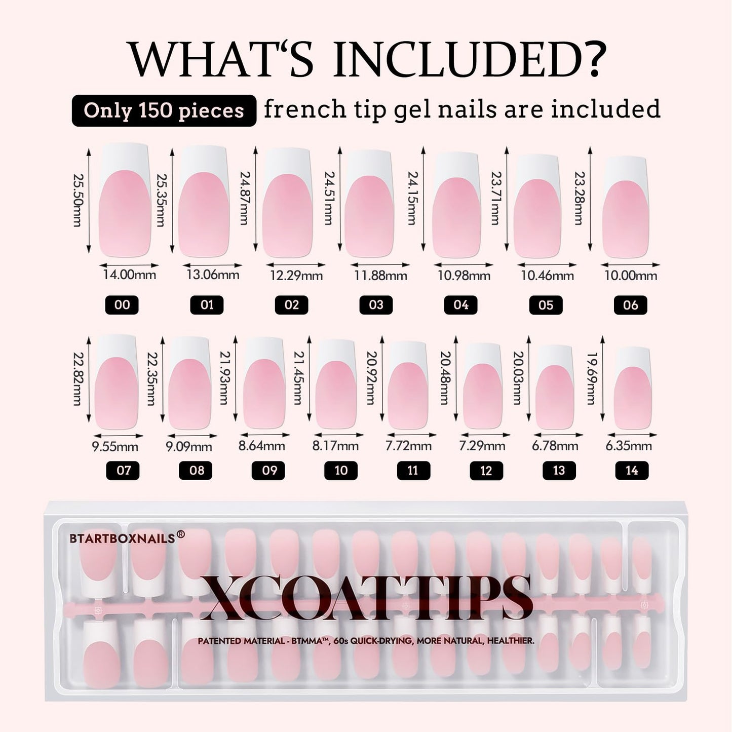 BTArtboxnails XCOATTIPS White French Tip Press-On Nails – Pink Long Square Tips, Soak-Off Extensions